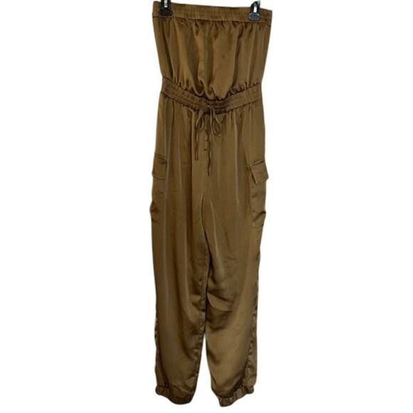 Akira Cargo Strapless Gold/Bronze Elasticized  Tie Waist Jumpsuit, Size Small - Picture 2 of 8